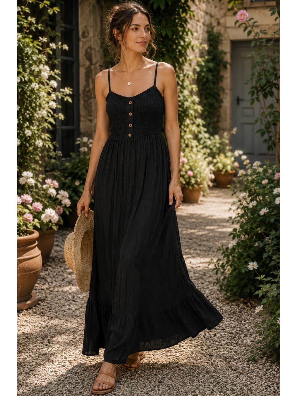 Maeve Anthropologie Black Smocked Milk Maid Spaghetti Strap Maxi Dress Black M